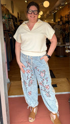 Boho Embroidered Denim Cargo Joggers - Rebecca James Clothing