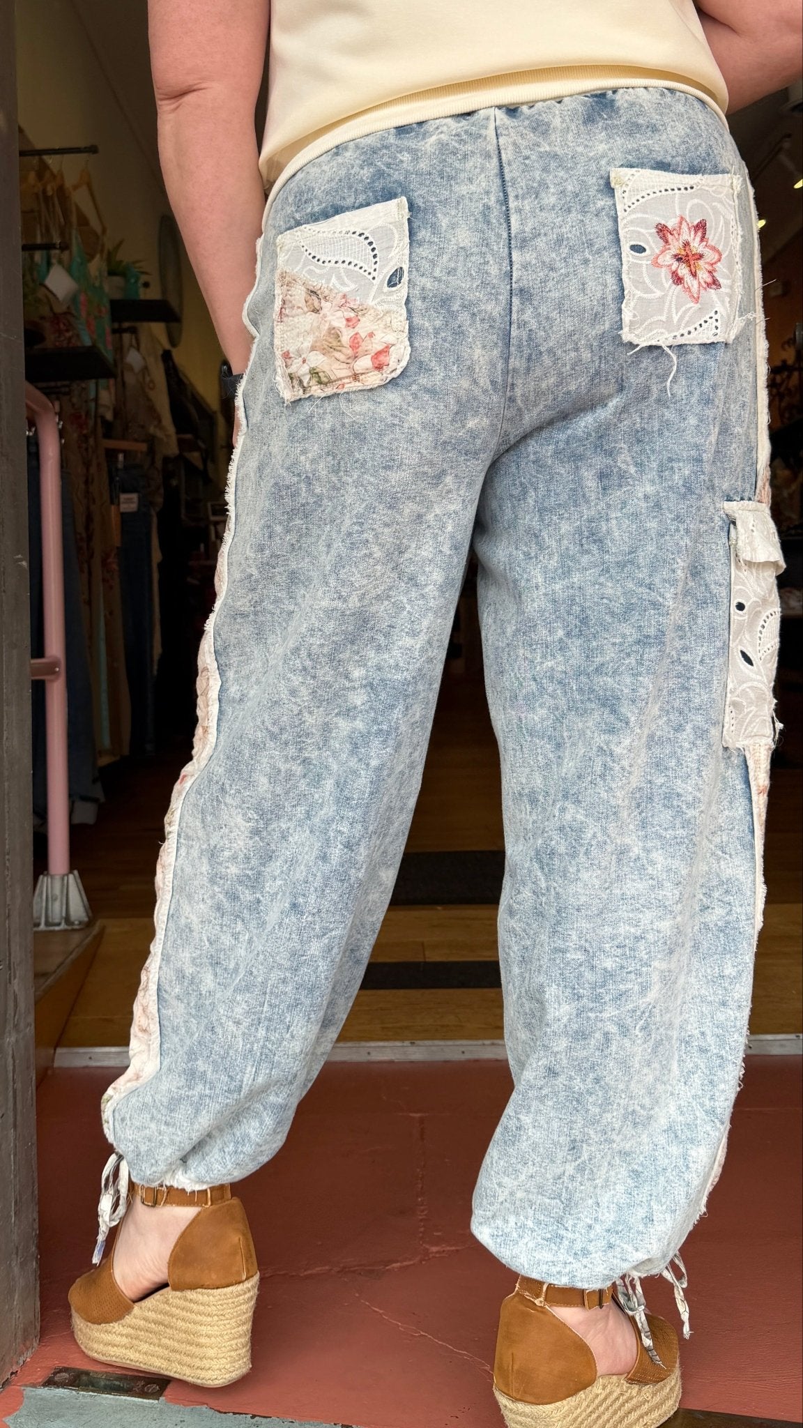 Boho Embroidered Denim Cargo Joggers - Rebecca James Clothing