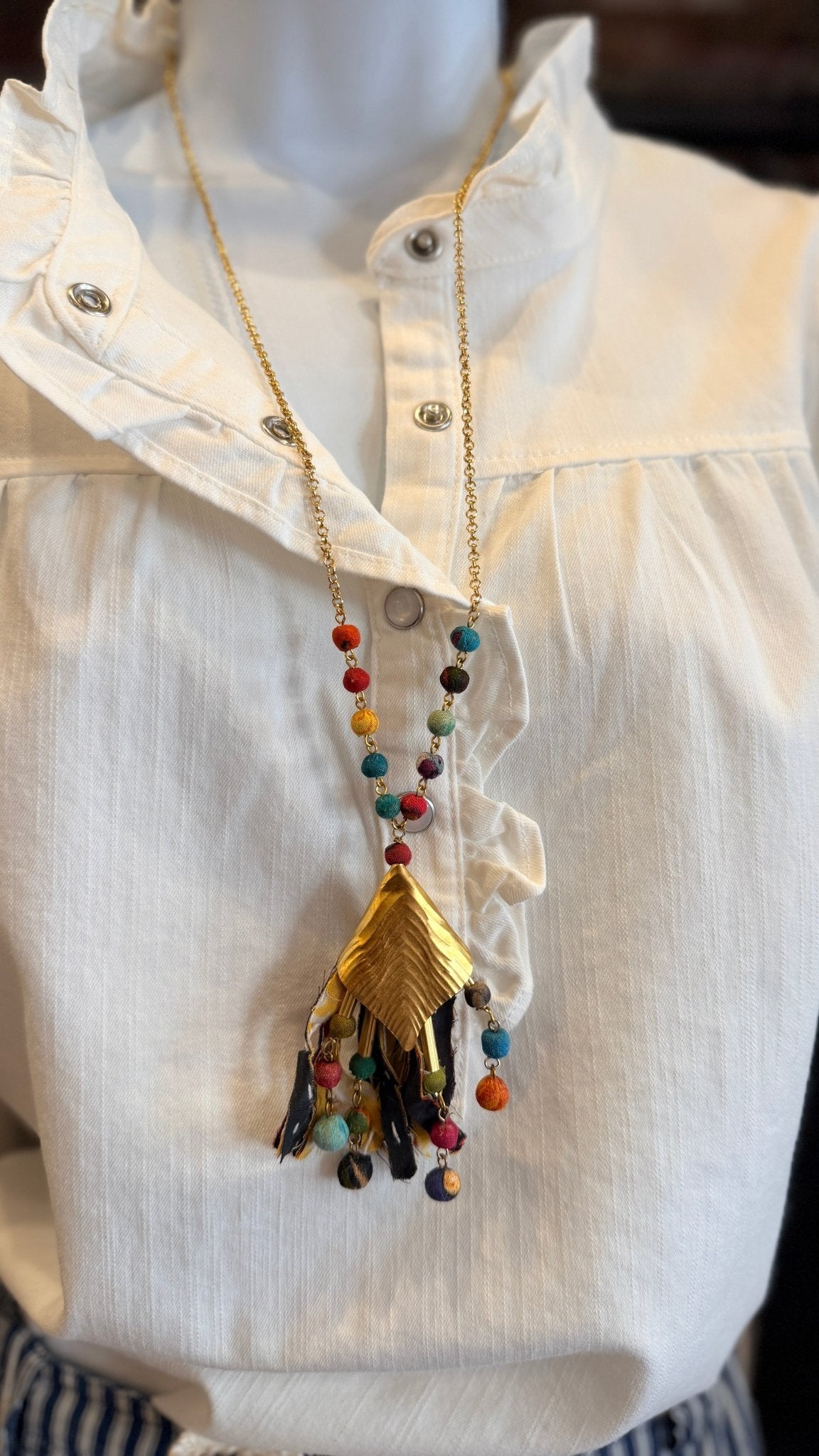 Boho Gold Shield Necklace with Handmade Cotton Beads - Rebecca James Clothing