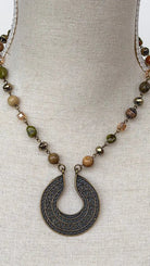Brass Shield Mixed Bead Short Statement Necklace - Rebecca James Clothing