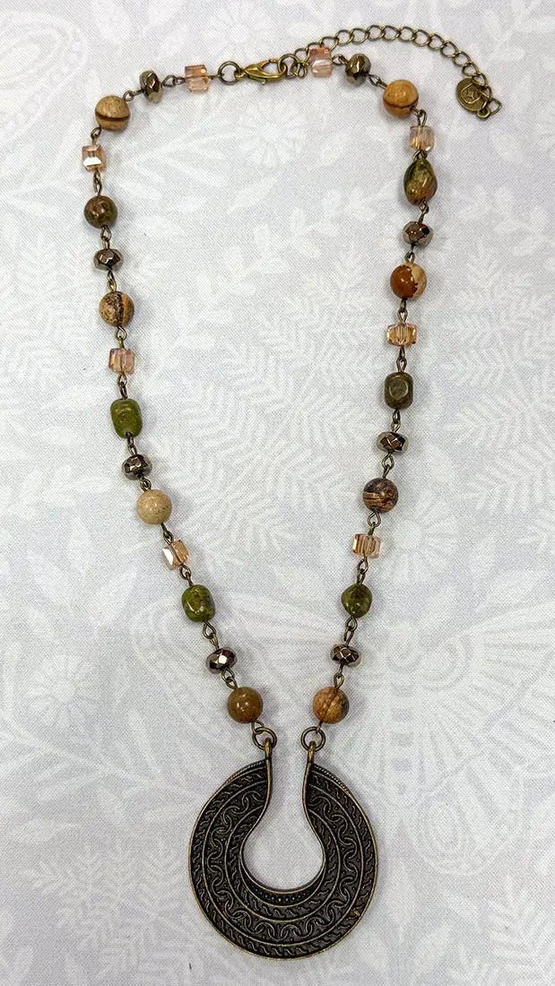 Brass Shield Mixed Bead Short Statement Necklace - Rebecca James Clothing