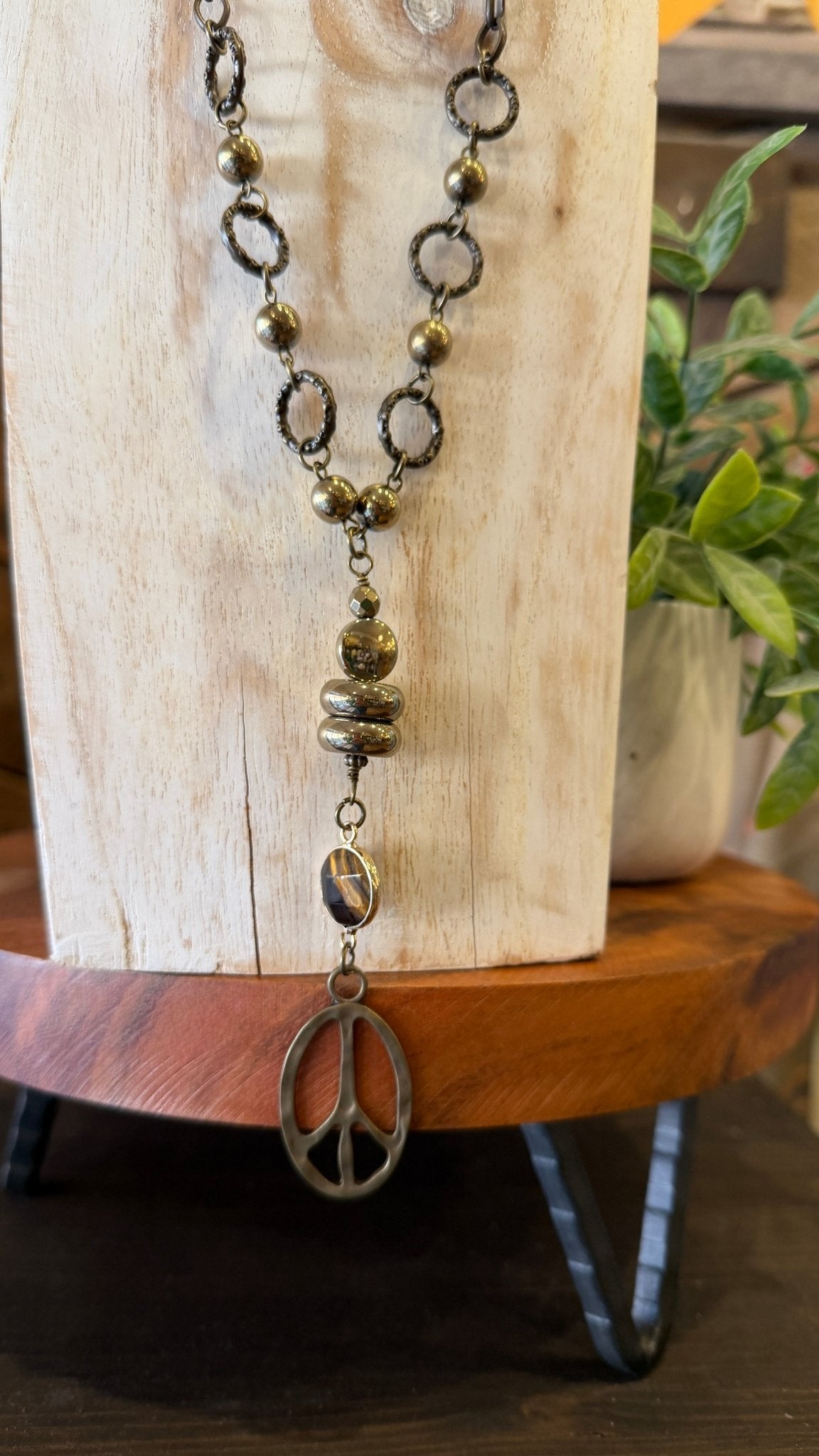 Bronze Gold Beaded Peace Sign Chandelier Necklace - Rebecca James Clothing