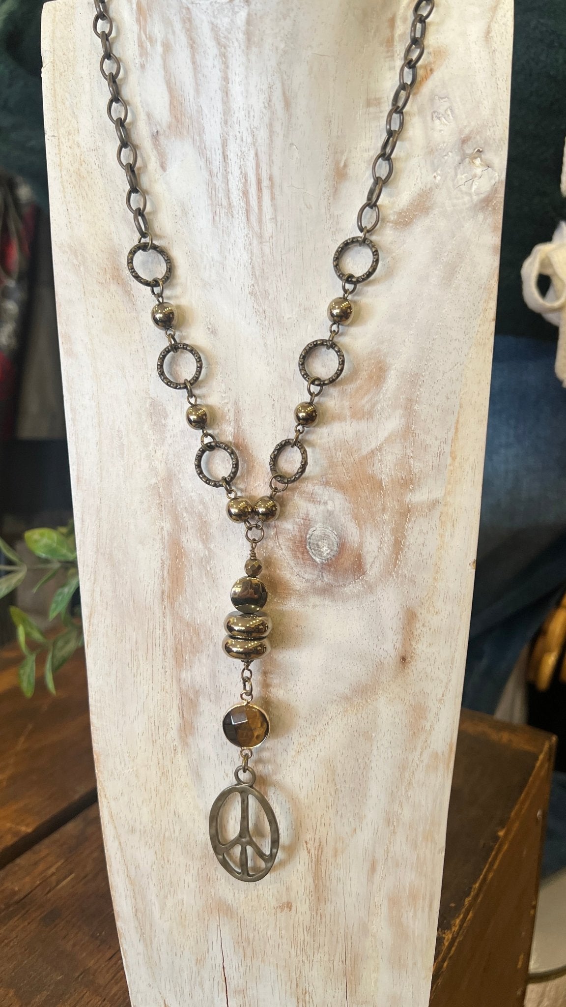 Bronze Gold Beaded Peace Sign Chandelier Necklace - Rebecca James Clothing
