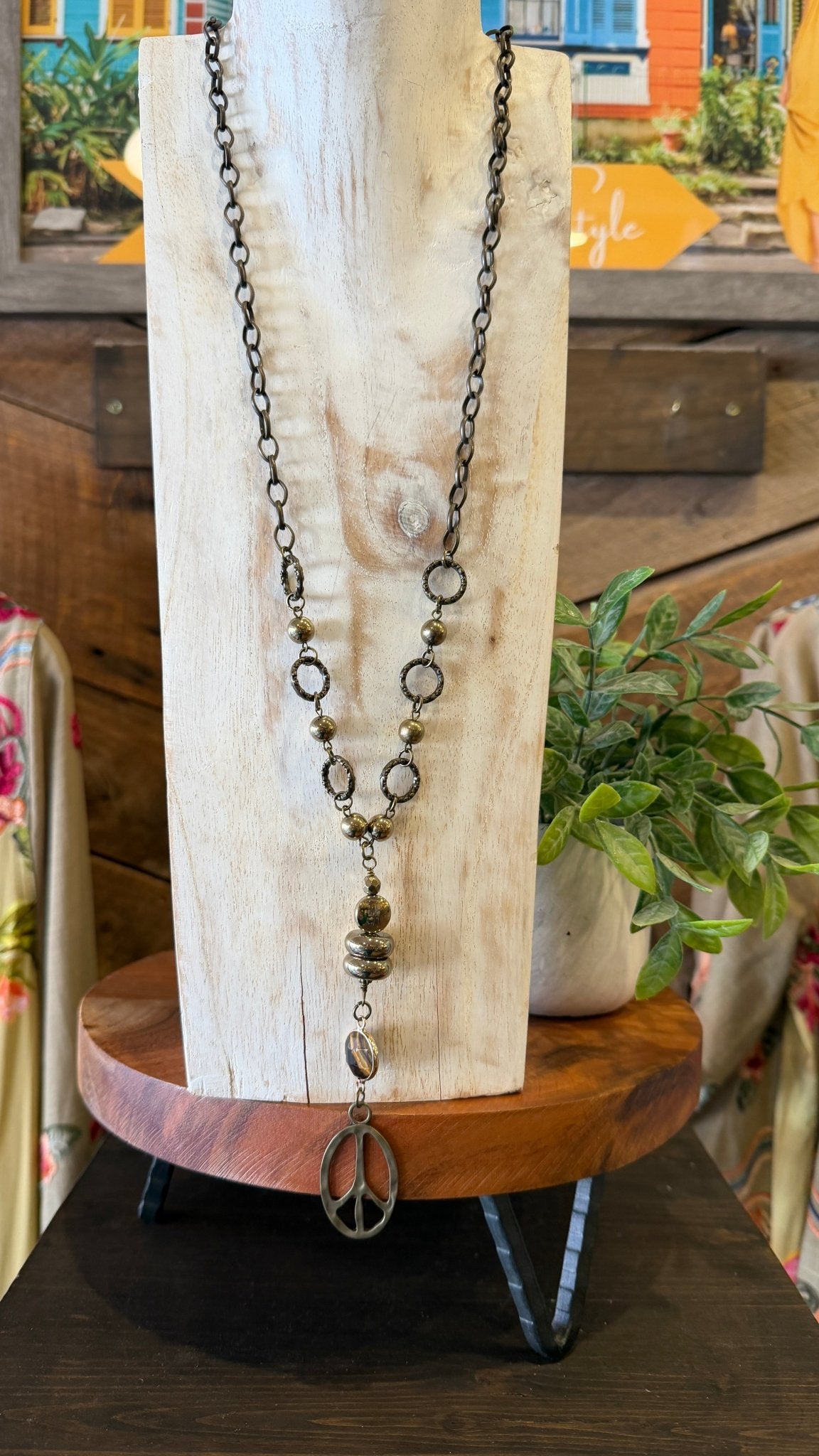 Bronze Gold Beaded Peace Sign Chandelier Necklace - Rebecca James Clothing