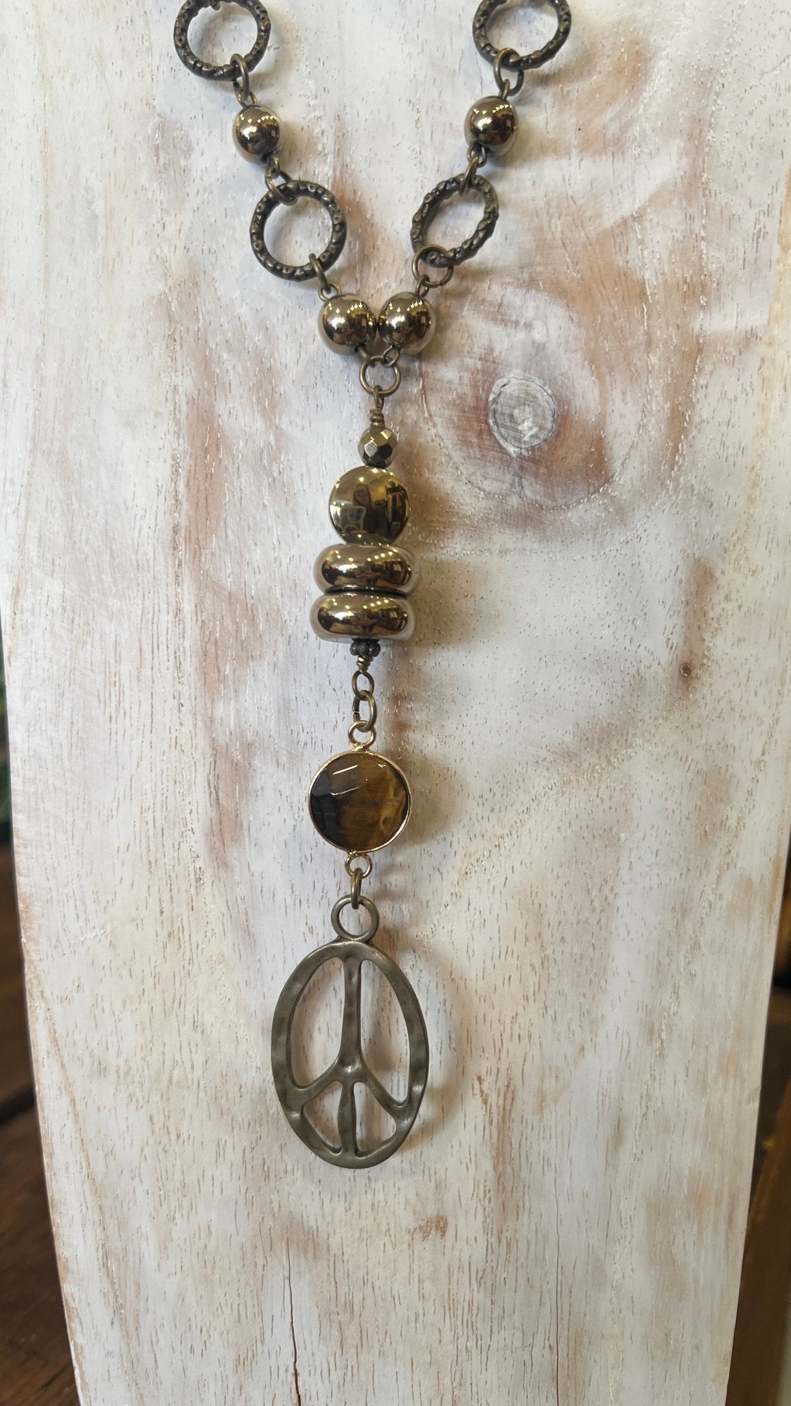 Bronze Gold Beaded Peace Sign Chandelier Necklace - Rebecca James Clothing