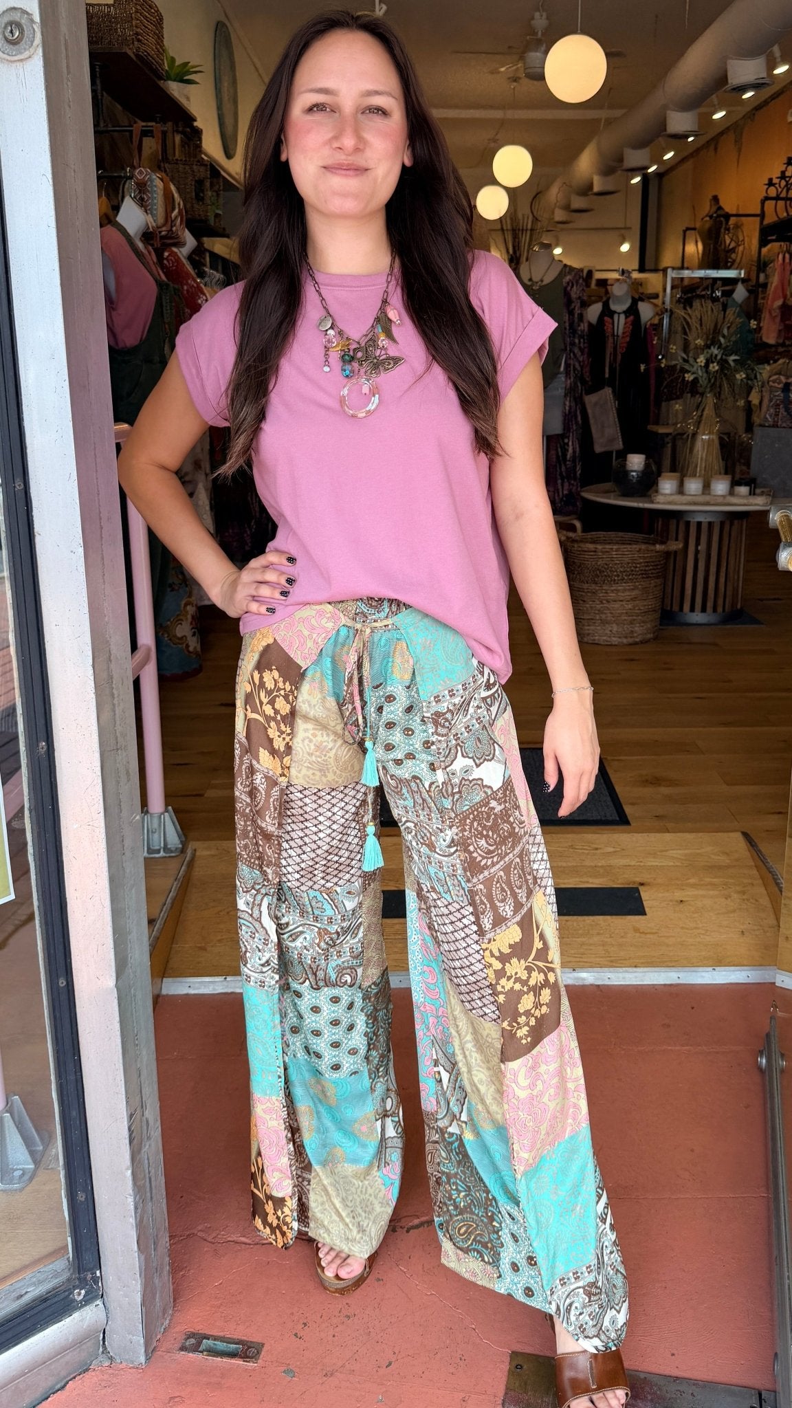 Brown Boho Mixed Print Faux Wrap Pants - Rebecca James Clothing