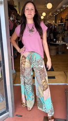 Brown Boho Mixed Print Faux Wrap Pants - Rebecca James Clothing