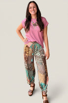 Brown Boho Mixed Print Faux Wrap Pants - Rebecca James Clothing