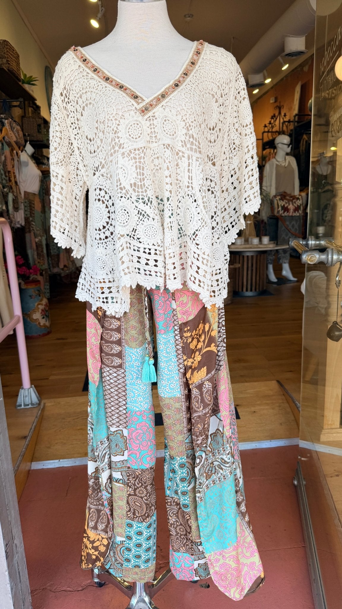 Brown Boho Mixed Print Faux Wrap Pants - Rebecca James Clothing