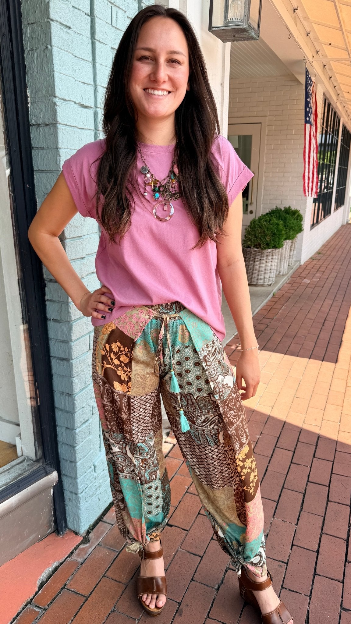 Brown Boho Mixed Print Faux Wrap Pants - Rebecca James Clothing
