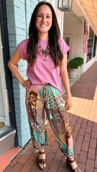 Brown Boho Mixed Print Faux Wrap Pants - Rebecca James Clothing