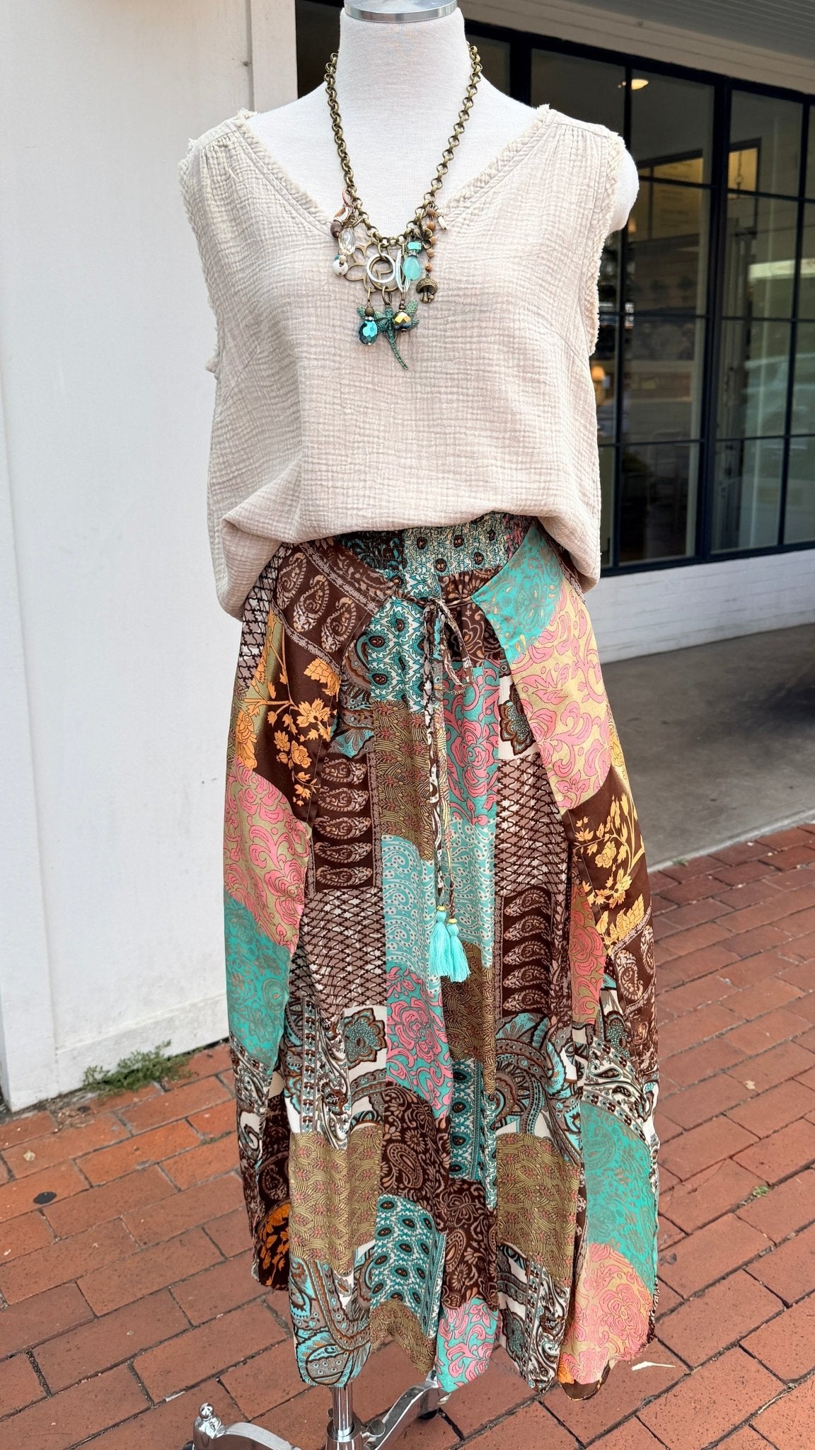 Brown Boho Mixed Print Faux Wrap Pants - Rebecca James Clothing