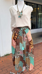 Brown Boho Mixed Print Faux Wrap Pants - Rebecca James Clothing