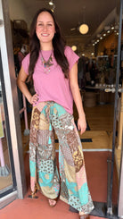 Brown Boho Mixed Print Faux Wrap Pants - Rebecca James Clothing