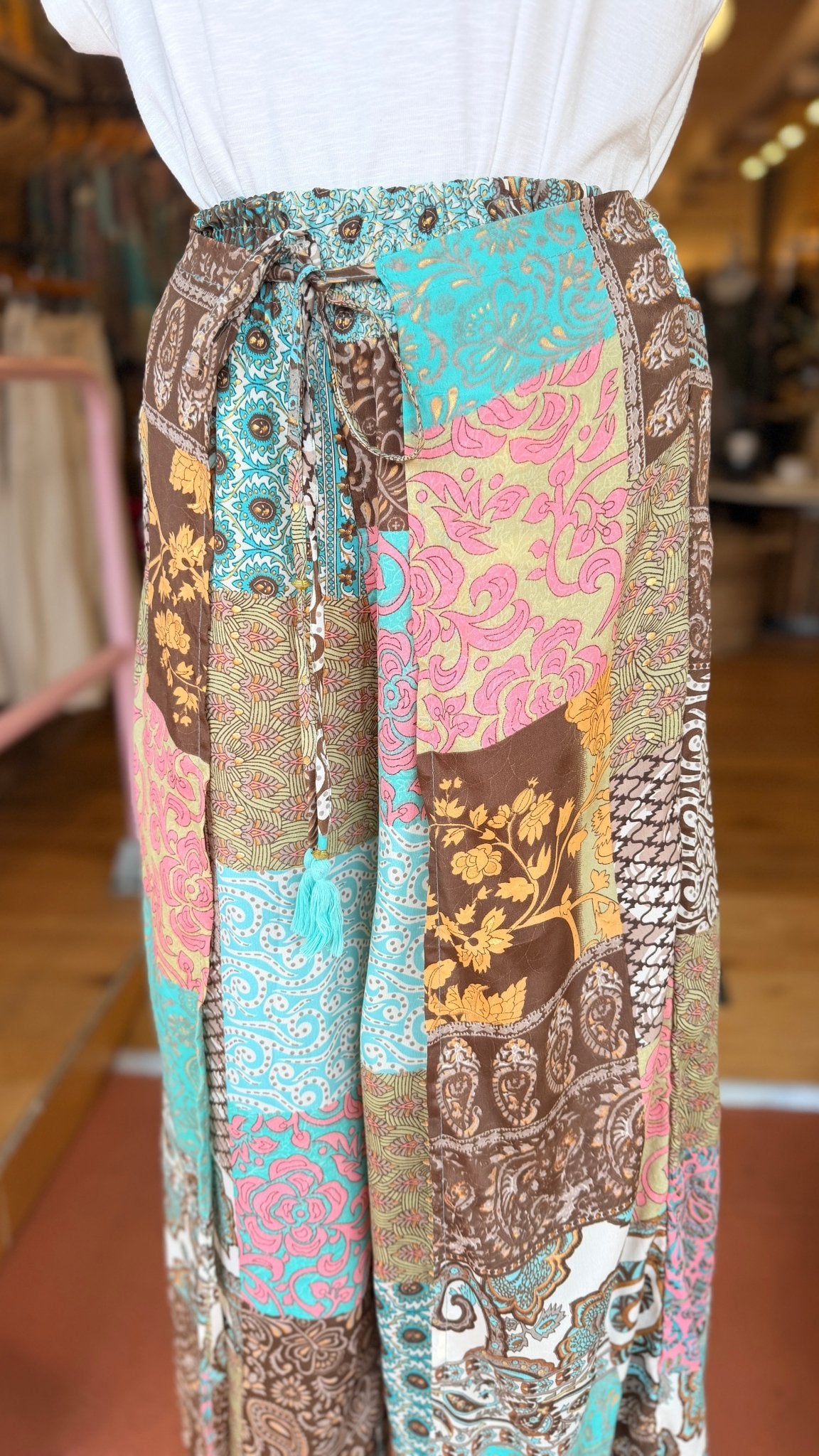 Brown Boho Mixed Print Faux Wrap Pants - Rebecca James Clothing