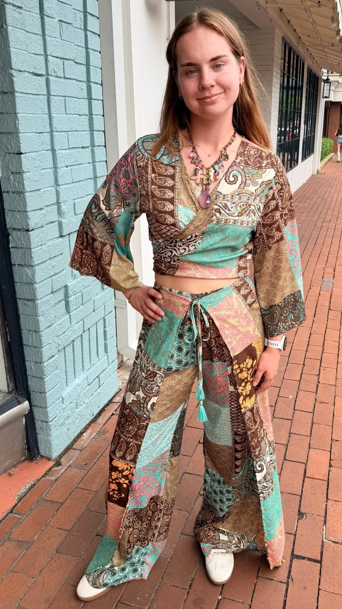 Brown Boho Mixed Print Faux Wrap Pants - Rebecca James Clothing