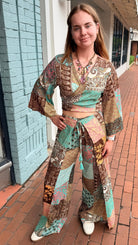 Brown Boho Mixed Print Faux Wrap Pants - Rebecca James Clothing