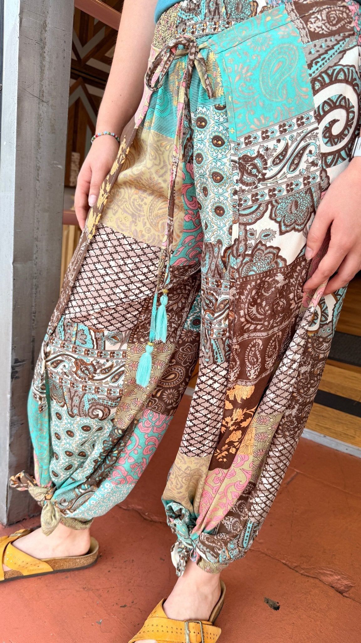 Brown Boho Mixed Print Faux Wrap Pants - Rebecca James Clothing
