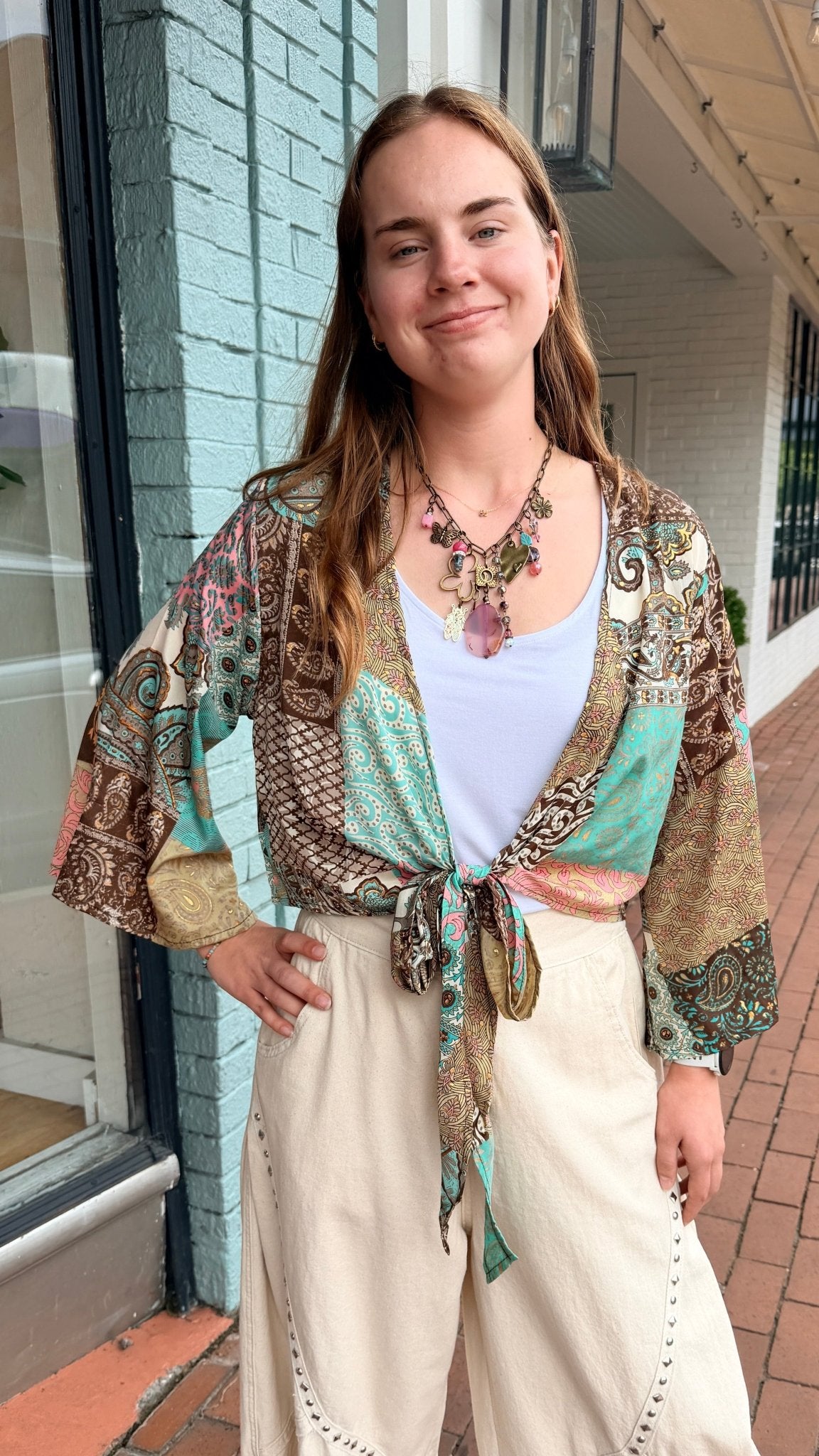 Brown Boho Mixed Print Tie Front Top - Rebecca James Clothing