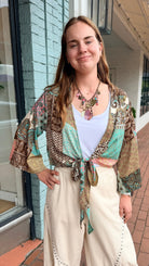 Brown Boho Mixed Print Tie Front Top - Rebecca James Clothing