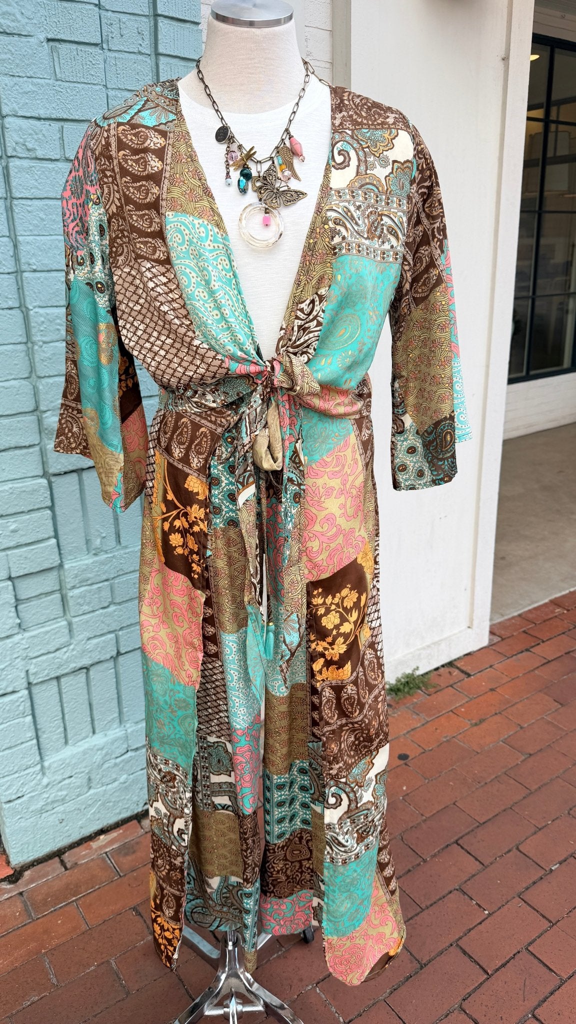 Brown Boho Mixed Print Tie Front Top - Rebecca James Clothing