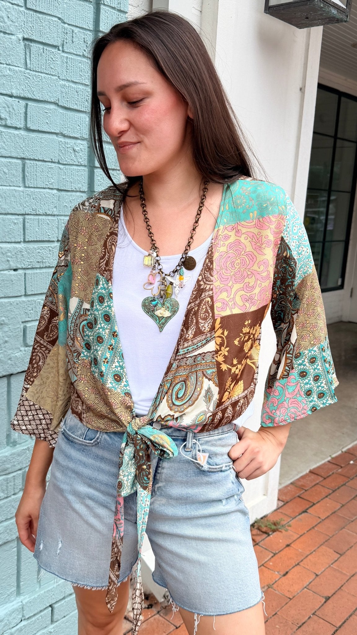 Brown Boho Mixed Print Tie Front Top - Rebecca James Clothing