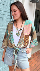Brown Boho Mixed Print Tie Front Top - Rebecca James Clothing