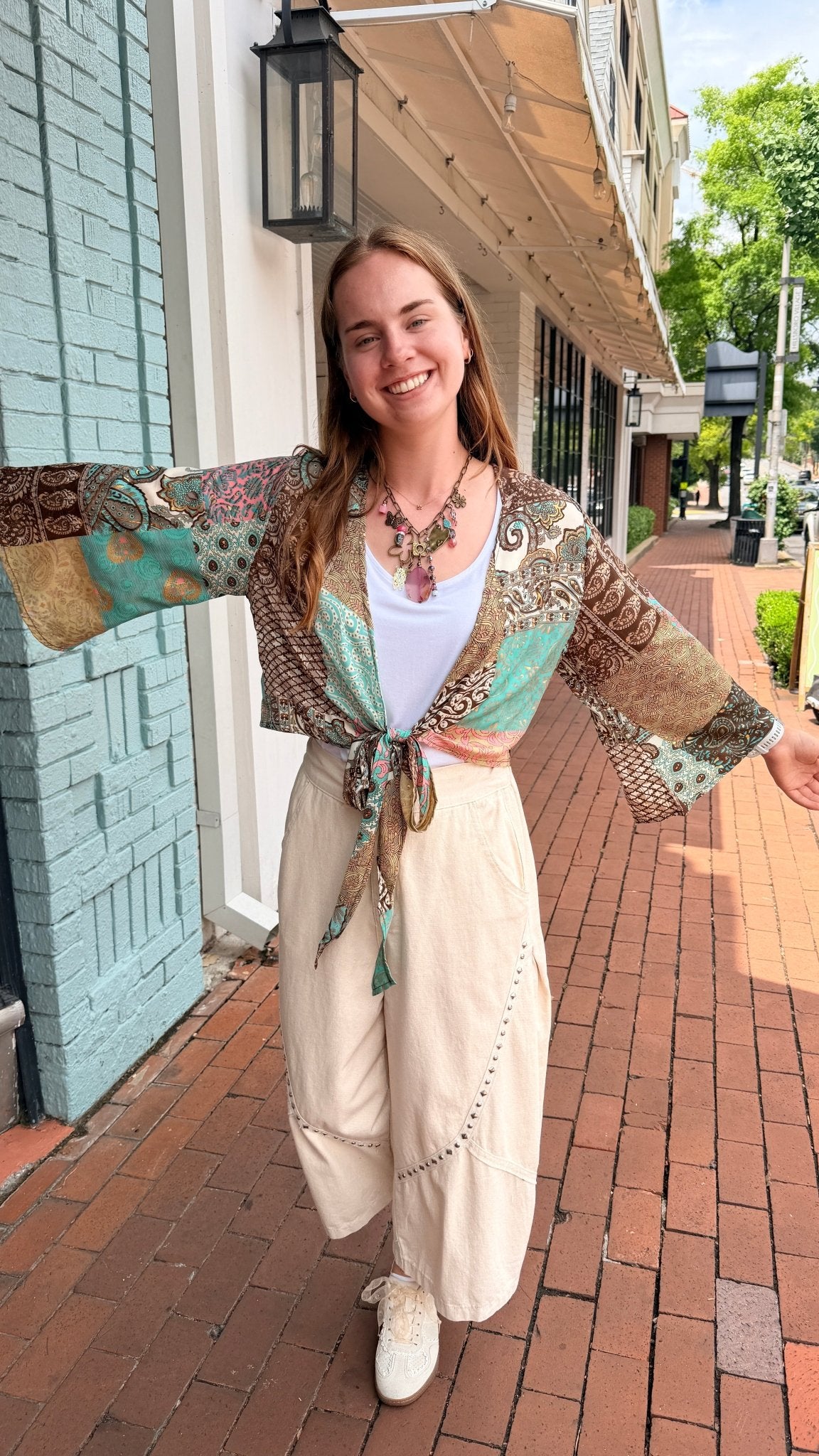 Brown Boho Mixed Print Tie Front Top - Rebecca James Clothing