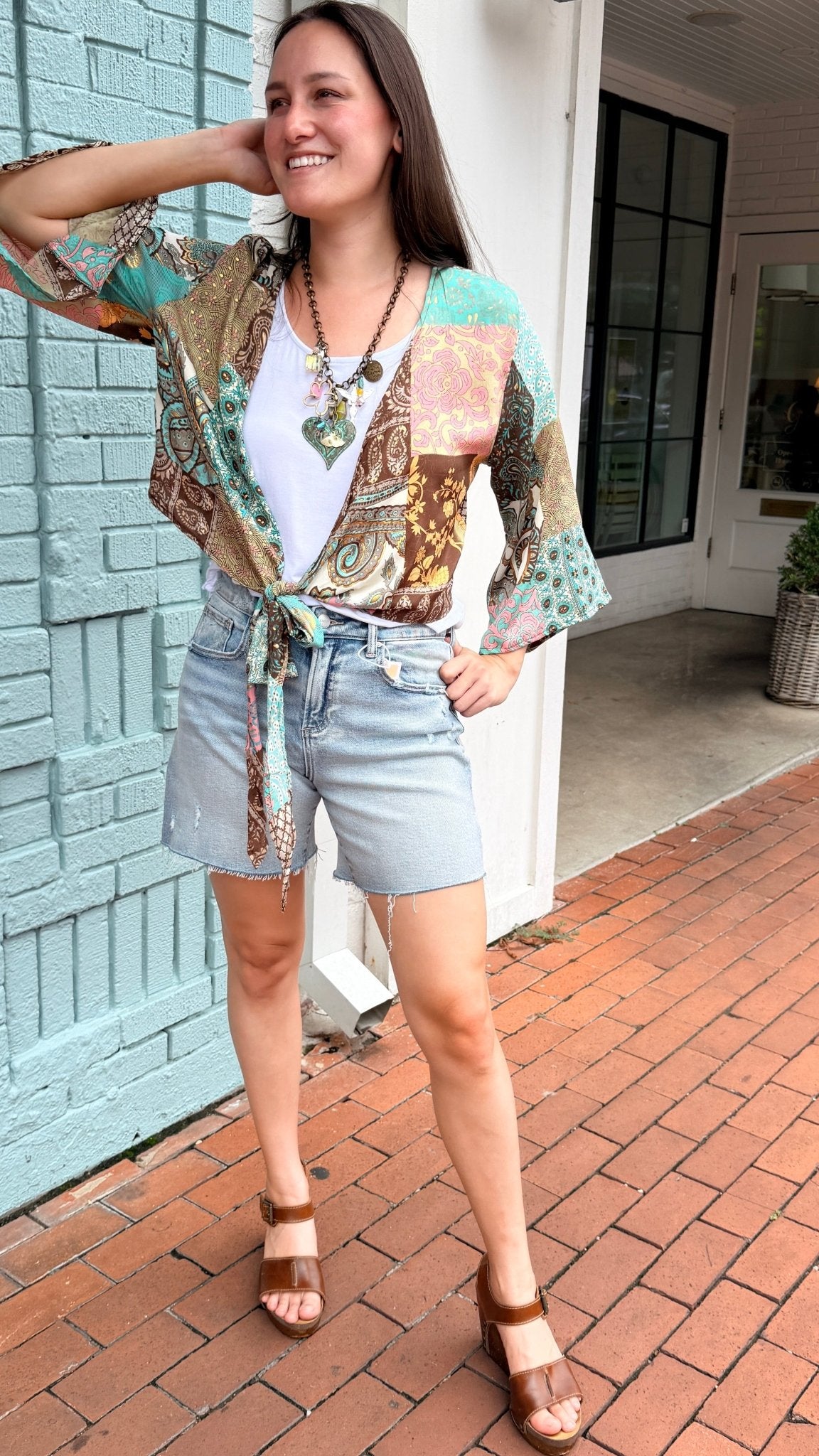 Brown Boho Mixed Print Tie Front Top - Rebecca James Clothing