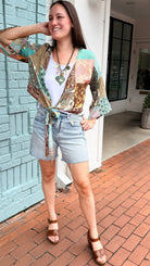 Brown Boho Mixed Print Tie Front Top - Rebecca James Clothing