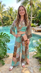 Brown Boho Mixed Print Tie Front Top - Rebecca James Clothing