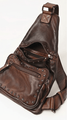 Brown Italian Leather Studded Sling Bag - Rebecca James Clothing