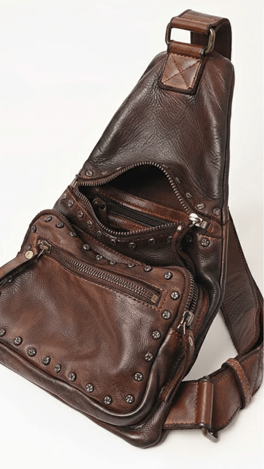 Brown Italian Leather Studded Sling Bag - Rebecca James Clothing