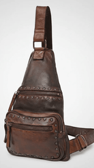 Brown Italian Leather Studded Sling Bag - Rebecca James Clothing