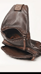 Brown Italian Leather Studded Sling Bag - Rebecca James Clothing