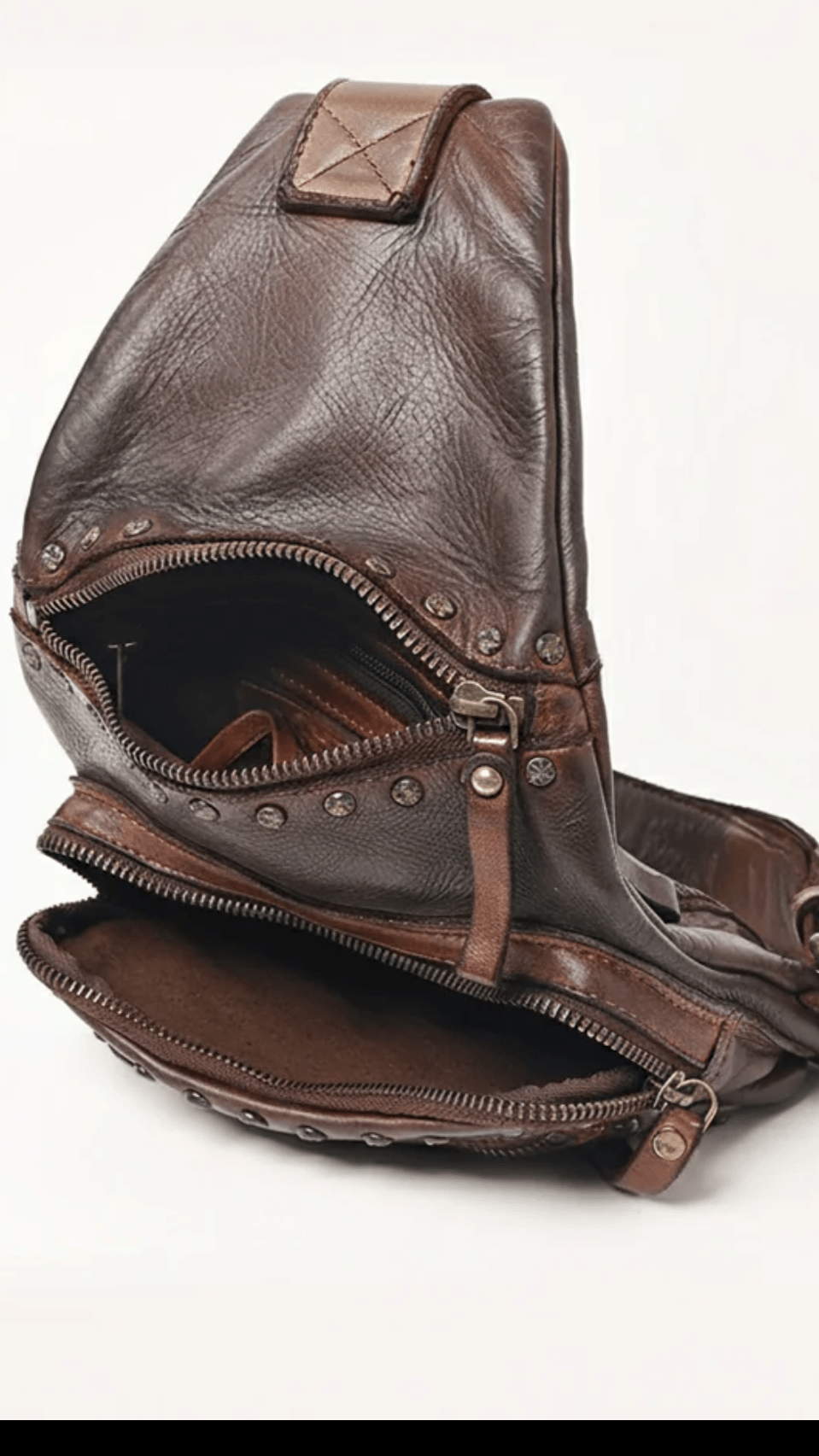 Brown Italian Leather Studded Sling Bag - Rebecca James Clothing