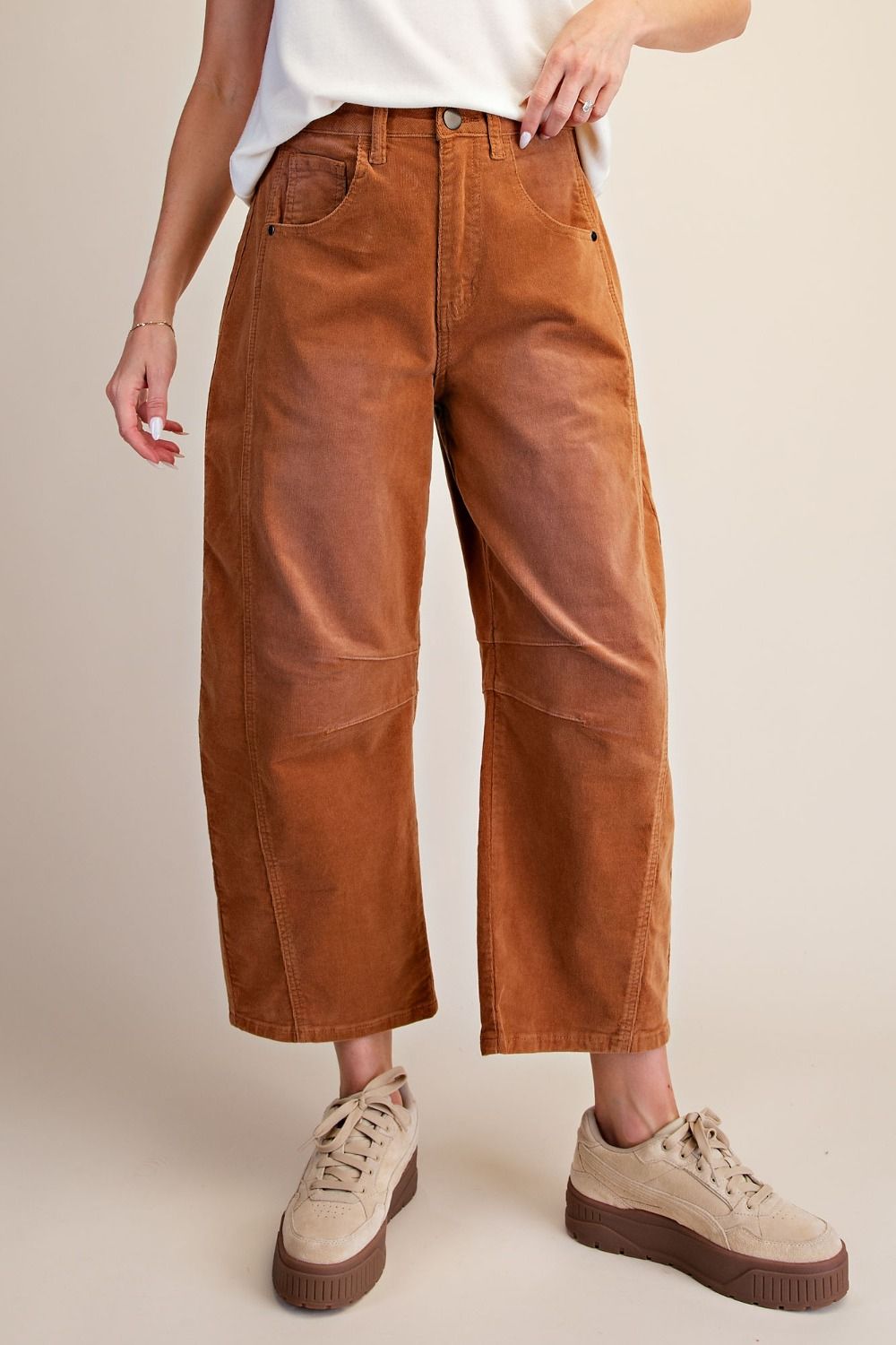 Camel Stretch Corduroy Barrel Pants - Rebecca James Clothing