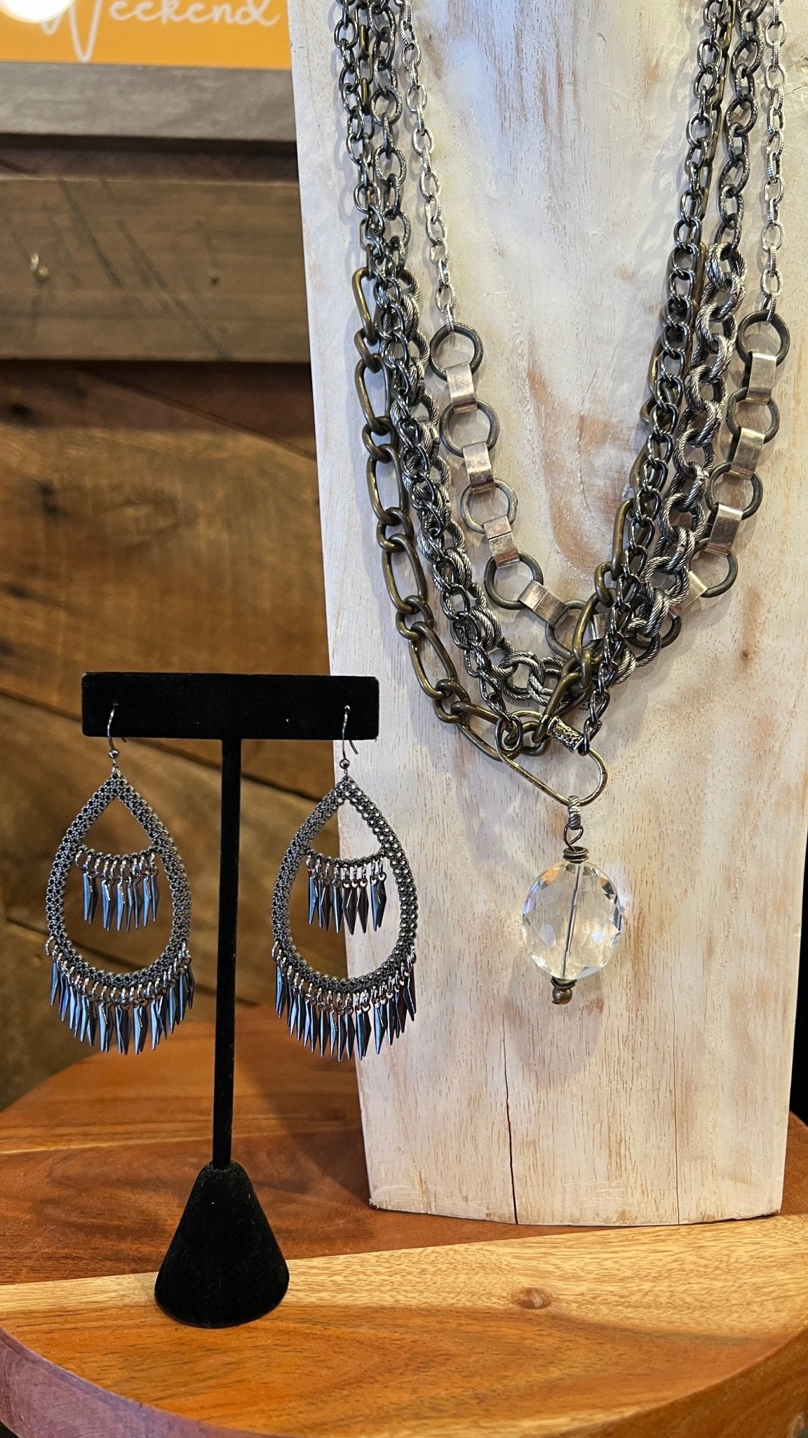 Chunky Mixed Metal Chain Crystal Drop Necklace - Rebecca James Clothing