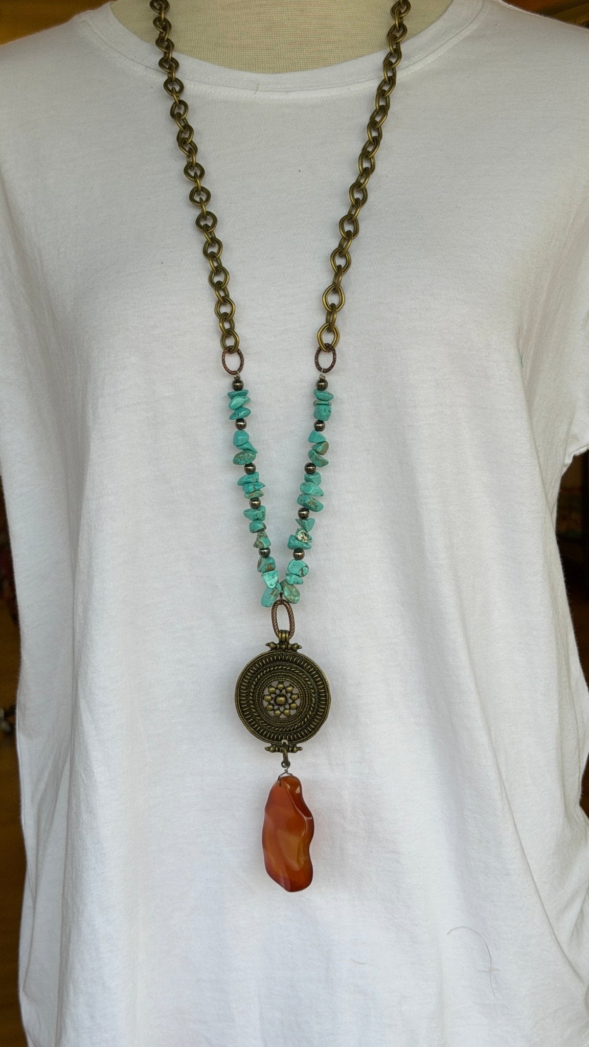 Chunky Turquoise Bronze Shield Long Necklace - Rebecca James Clothing