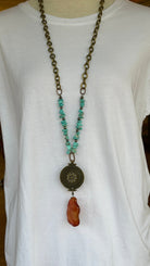 Chunky Turquoise Bronze Shield Long Necklace - Rebecca James Clothing