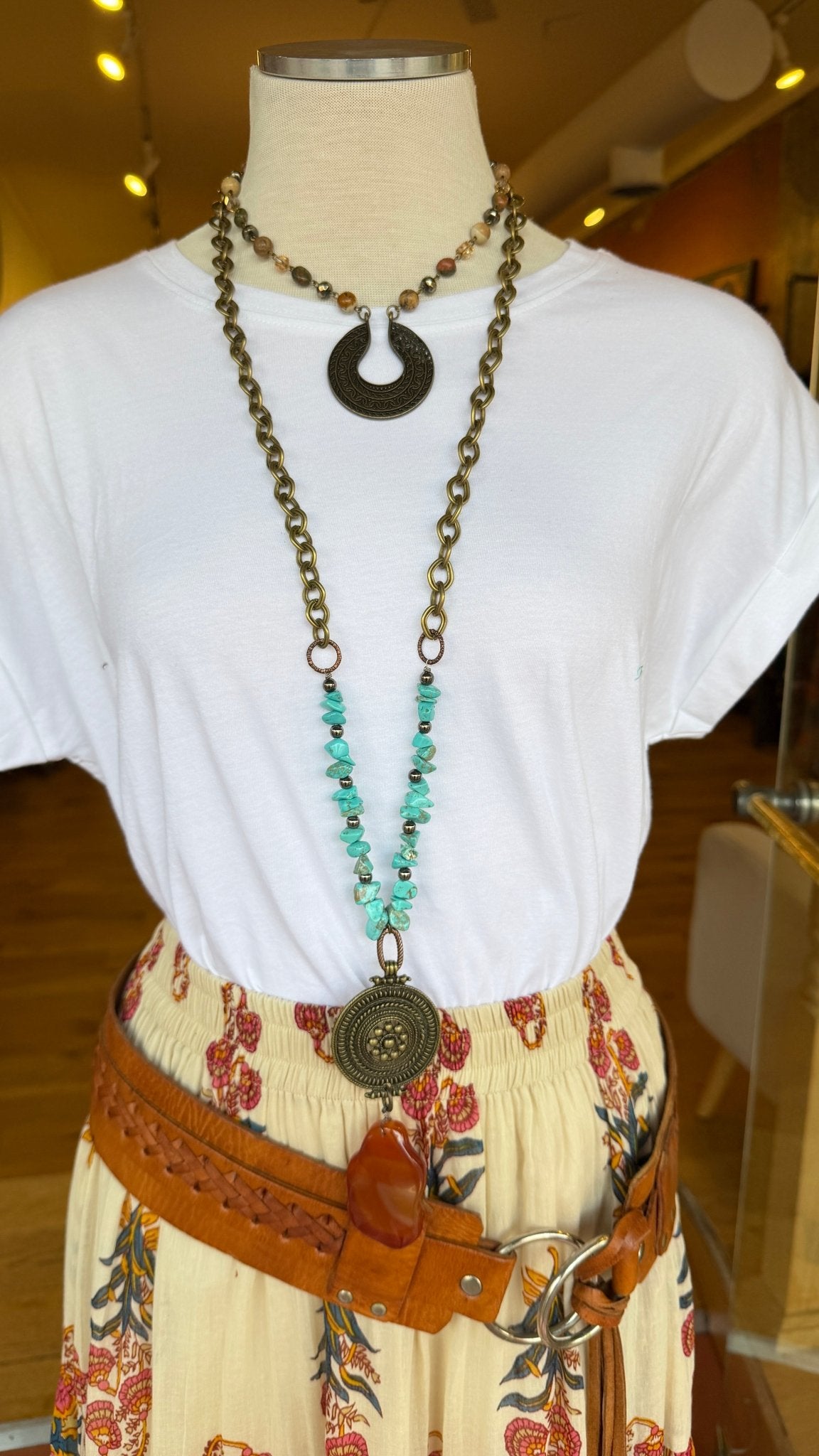 Chunky Turquoise Bronze Shield Long Necklace - Rebecca James Clothing