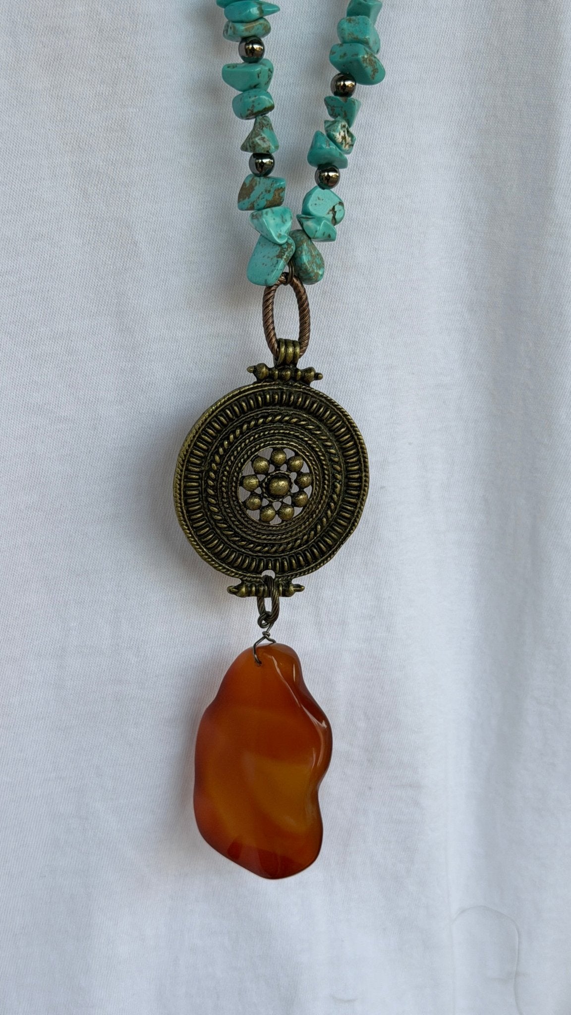 Chunky Turquoise Bronze Shield Long Necklace - Rebecca James Clothing