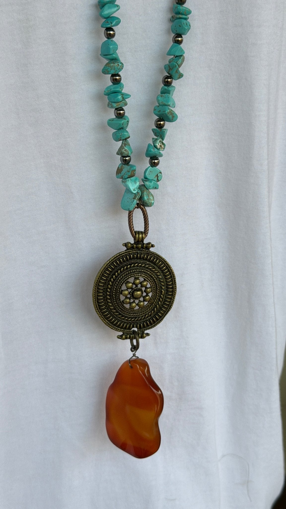 Chunky Turquoise Bronze Shield Long Necklace - Rebecca James Clothing