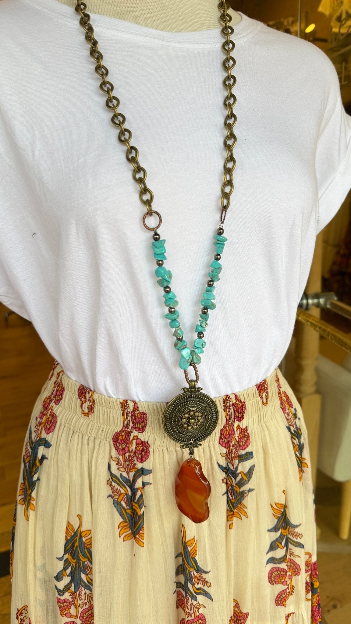 Chunky Turquoise Bronze Shield Long Necklace - Rebecca James Clothing