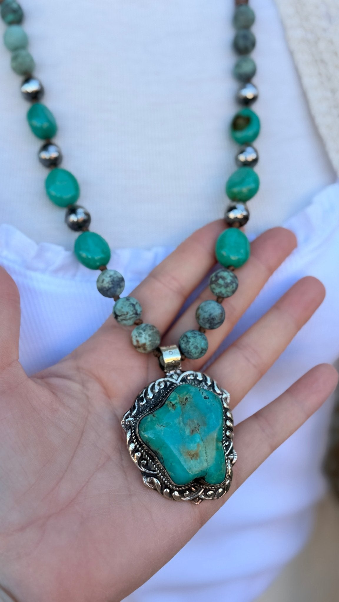 Chunky Turquoise Pendant Set in Silver on Handbeaded Necklace - Rebecca James Clothing