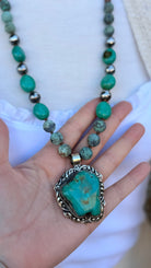 Chunky Turquoise Pendant Set in Silver on Handbeaded Necklace - Rebecca James Clothing