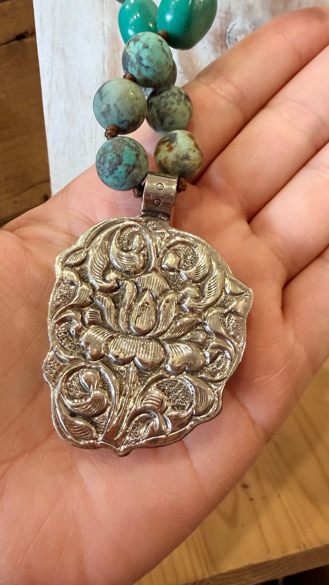 Chunky Turquoise Pendant Set in Silver on Handbeaded Necklace - Rebecca James Clothing