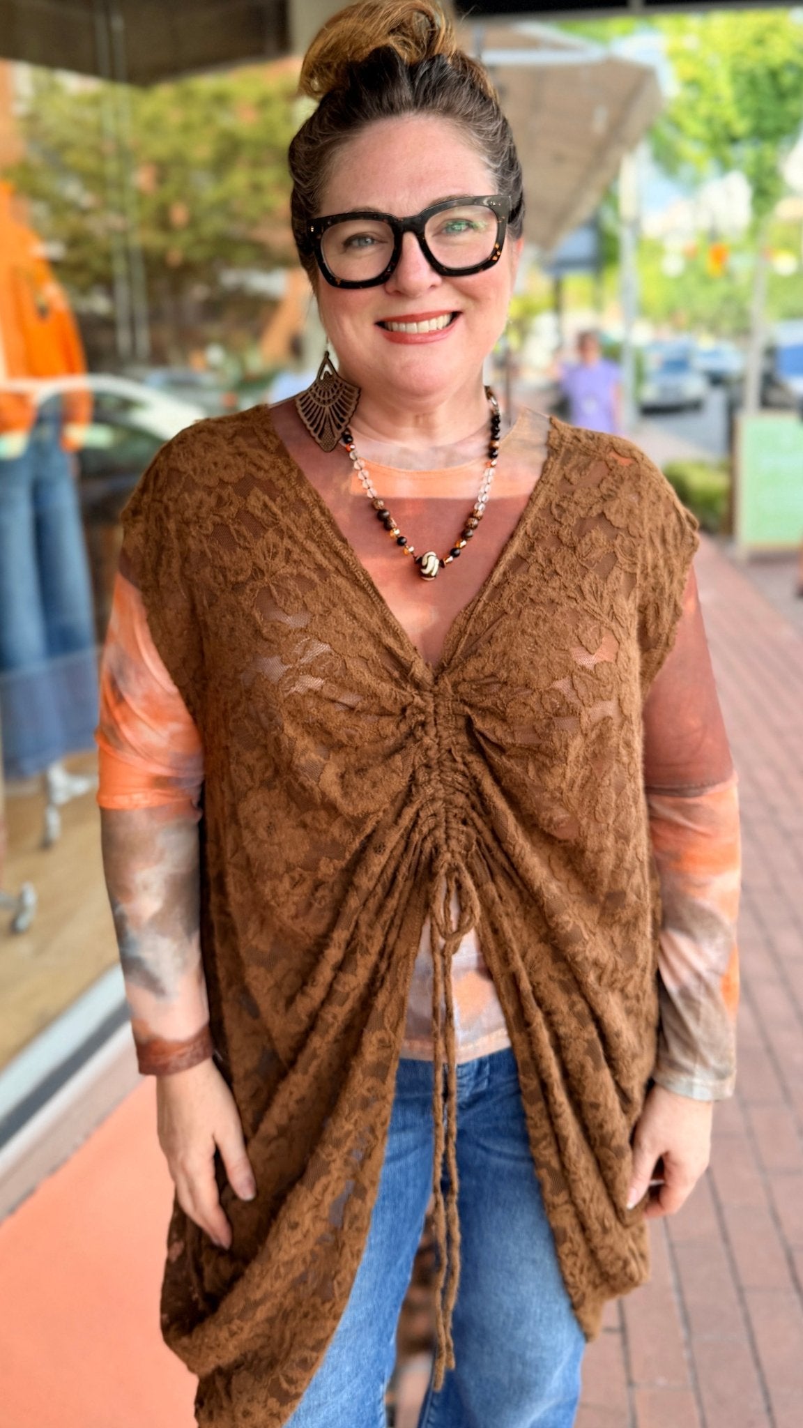 Cinched Front Chocolate Lace Coccon Top - Rebecca James Clothing