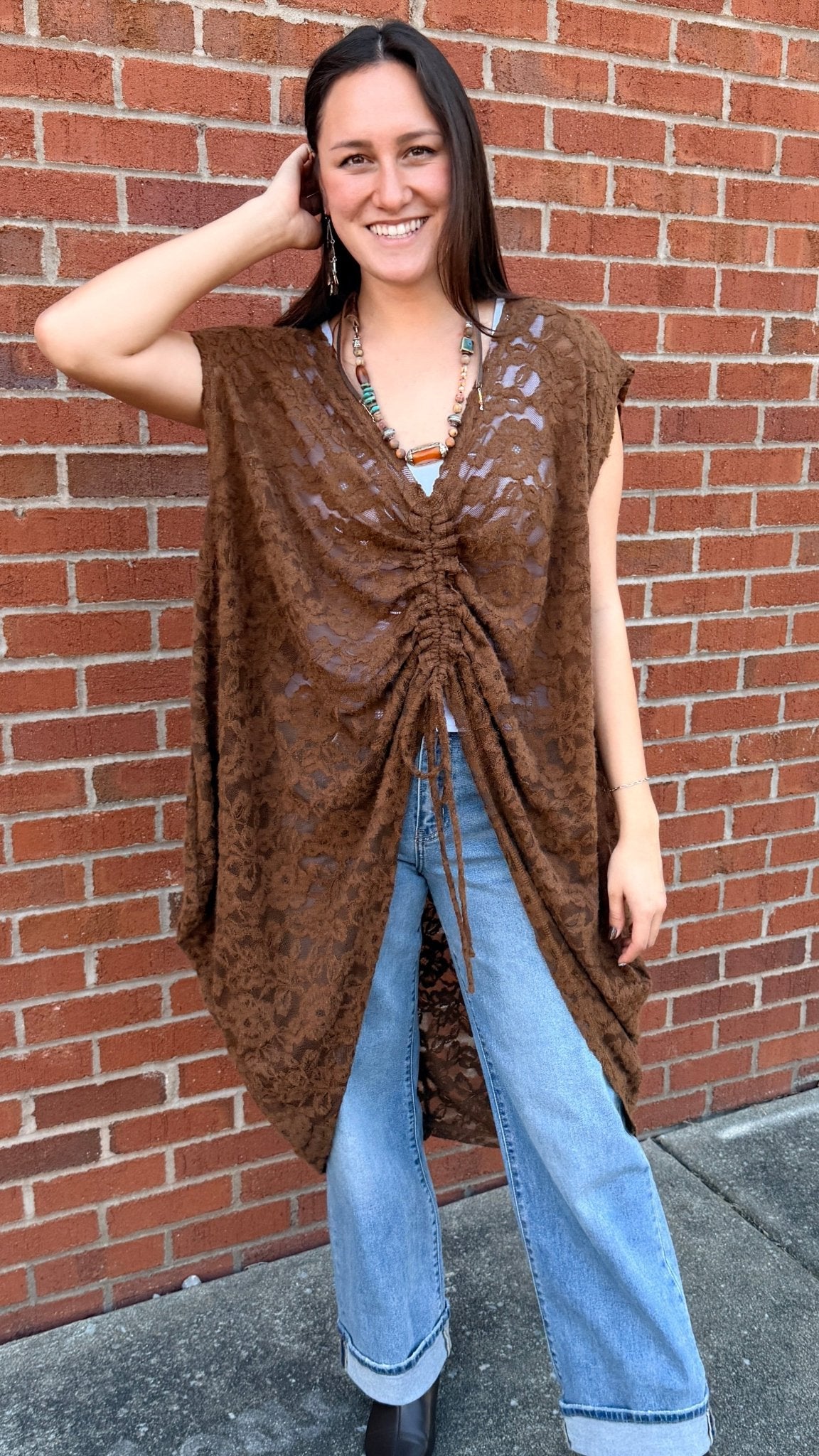 Cinched Front Chocolate Lace Coccon Top - Rebecca James Clothing