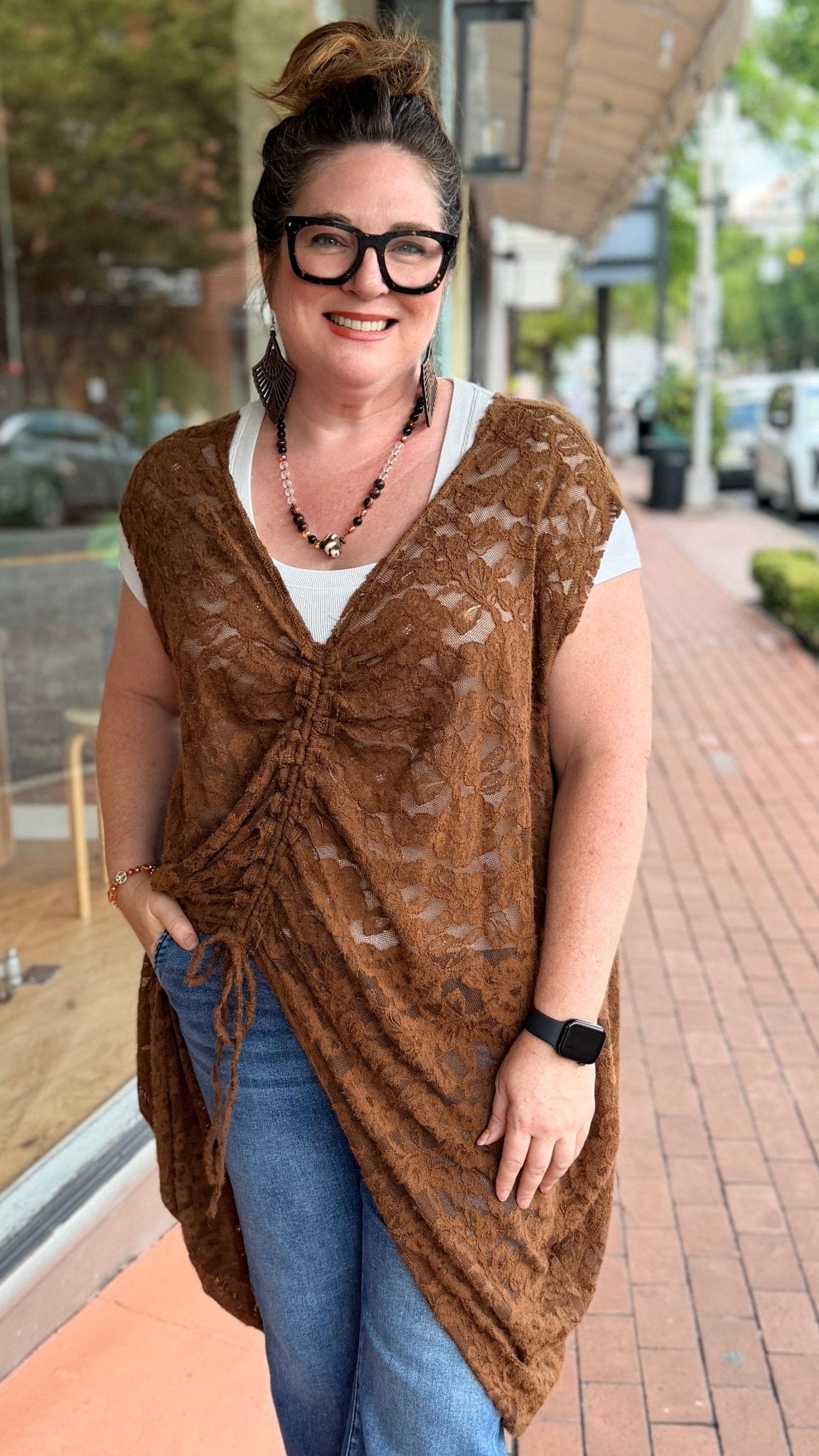 Cinched Front Chocolate Lace Coccon Top - Rebecca James Clothing